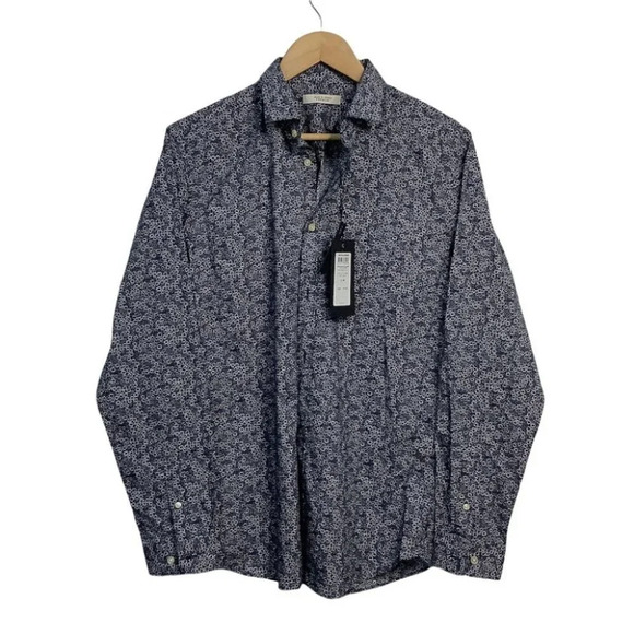 Jack &  Jones Premium Navy Floral Mens Slim Fit Button Up Long Sleeve Shirt NWT - Picture 1 of 9